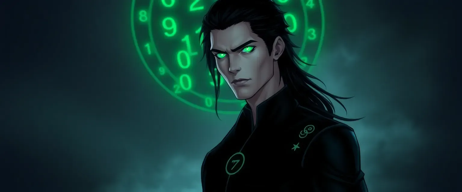 A tall, lean man with glowing green eyes and dark hair. He wears a sleek black outfit adorned with mystical symbols. A mysterious black circle with green numbers hovers above his head.