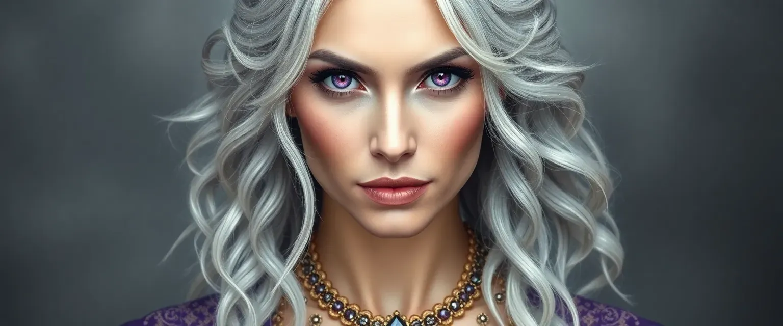 Queen Luv: ageless beauty with silver hair & amethyst eyes; wears royal robes symbolizing lost kingdom.