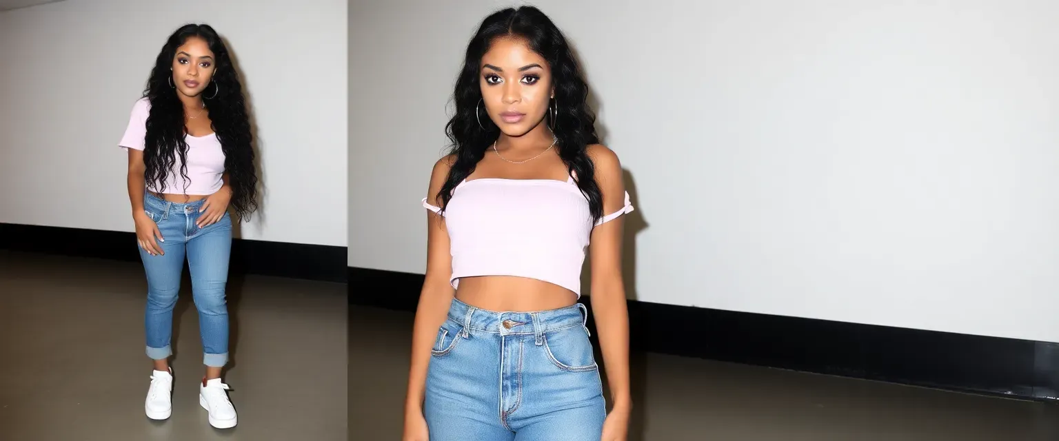 Young African-American pop star, 22, with long curly black hair, brown eyes, and hourglass figure. Wears pastel pink crop top, high-waisted jeans, and platform sneakers. Known for sweet, innocent appearance.