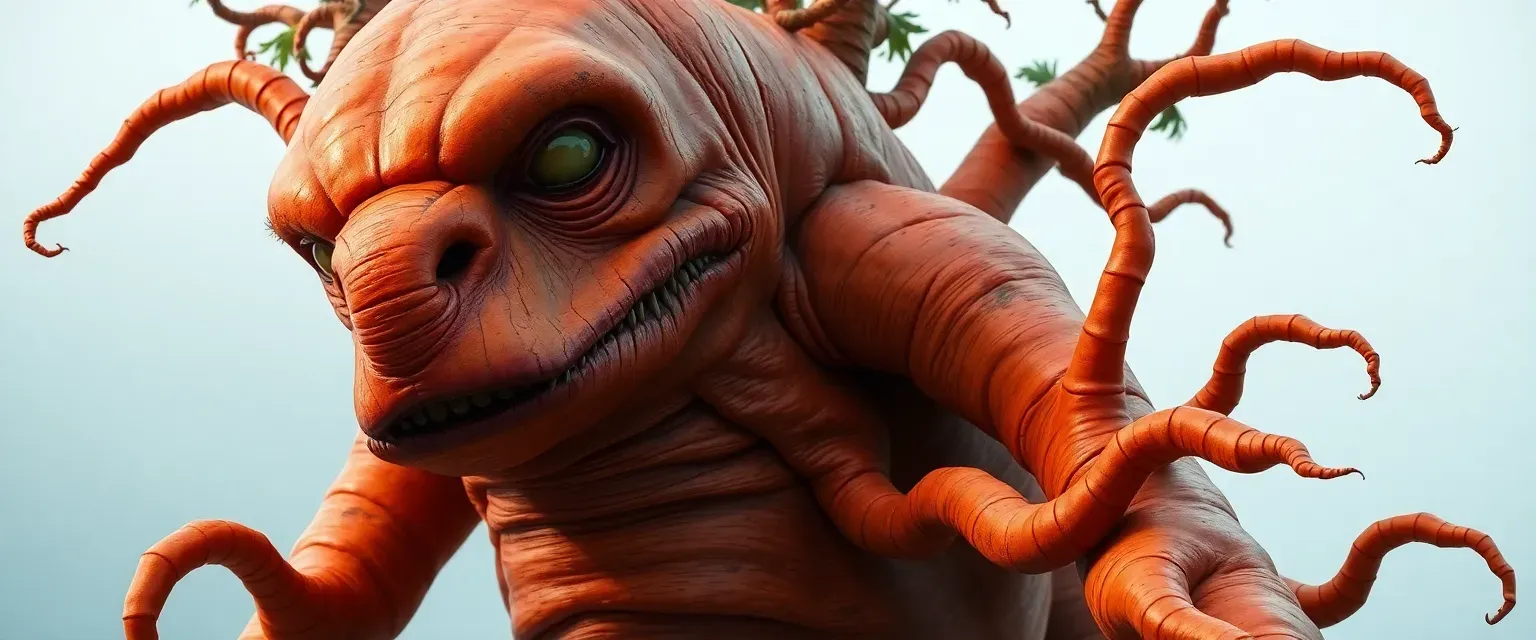 A towering 10.8-meter carrot monster with an unnaturally elongated nose, orange-reddish skin, and twisted root-like appendages. Features glowing eyes and a grotesque, horror-inducing appearance.