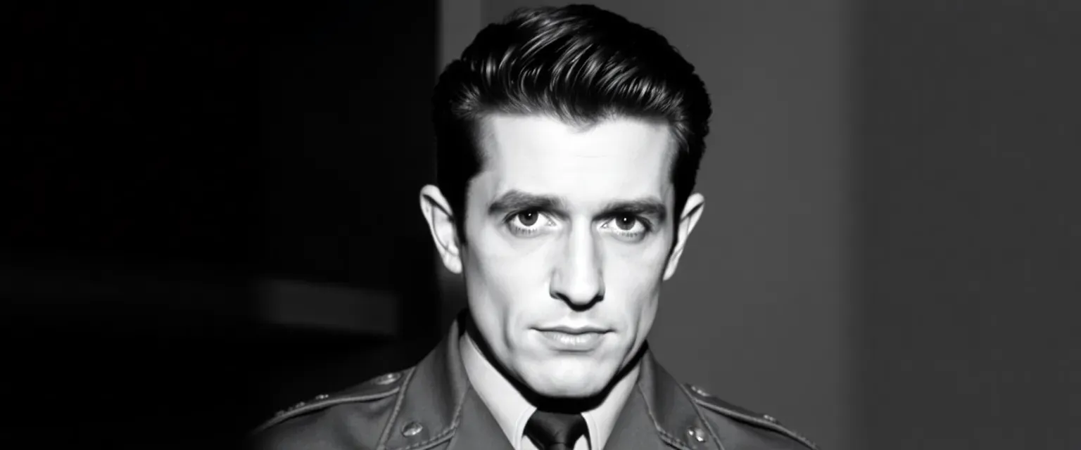 Johnny Cash, 25, tall man in Air Force uniform with deep-set dark eyes, sharp features, and slicked-back black hair. Carries himself with military bearing, wearing standard 1952 USAF service dress.