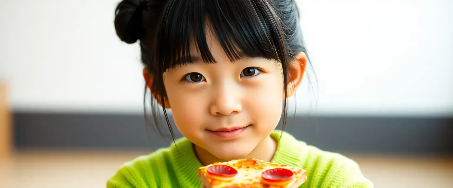 A creative 12-year-old Japanese boy with long black hair in a bun, wearing a lime green sweater; loves Aquapets and pizza.