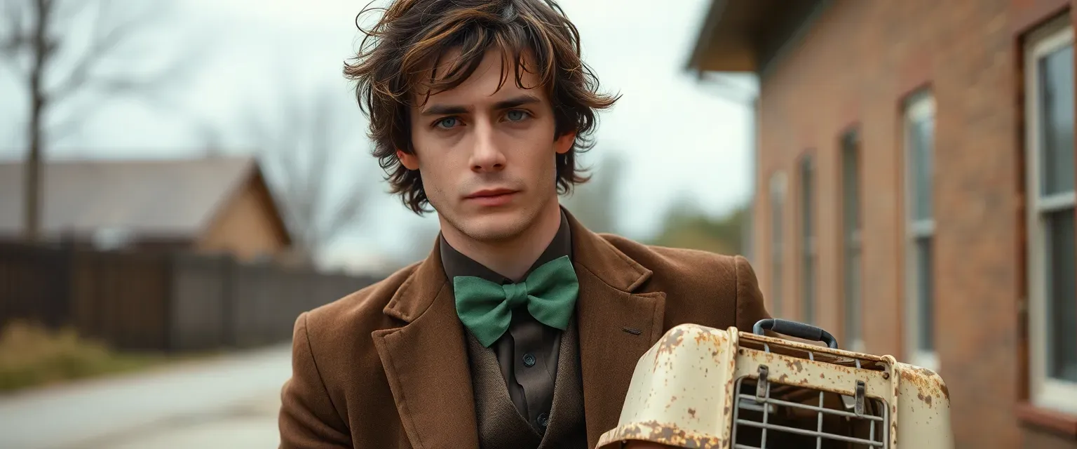 Late 20s man with messy dark brown curls, wearing a rumpled brown suit and askew green bow tie, holding a battered pet carrier.