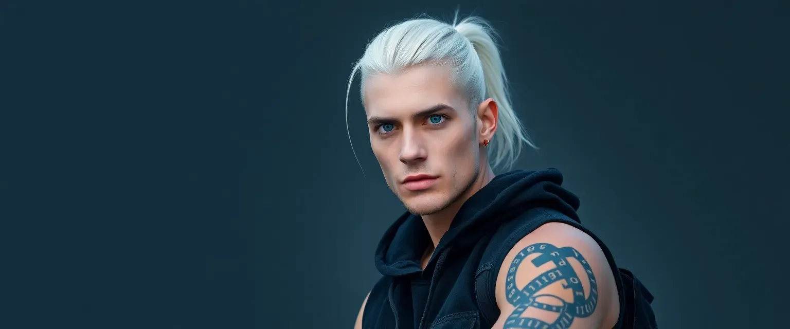 Tall, lean man with stark white hair in a ponytail, piercing blue eyes, wearing a dark hoodie and cargo pants, binary code tattoo on left arm.