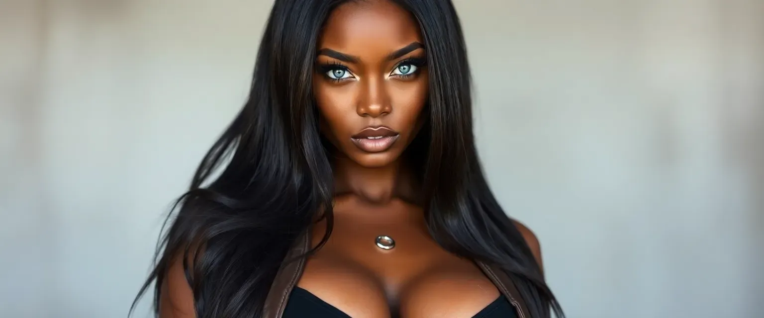 Striking black woman with hourglass figure, natural light blue eyes, long black silky hair, wearing fashionable clothing that accentuates her curves. Belly piercing adds rebellious touch.