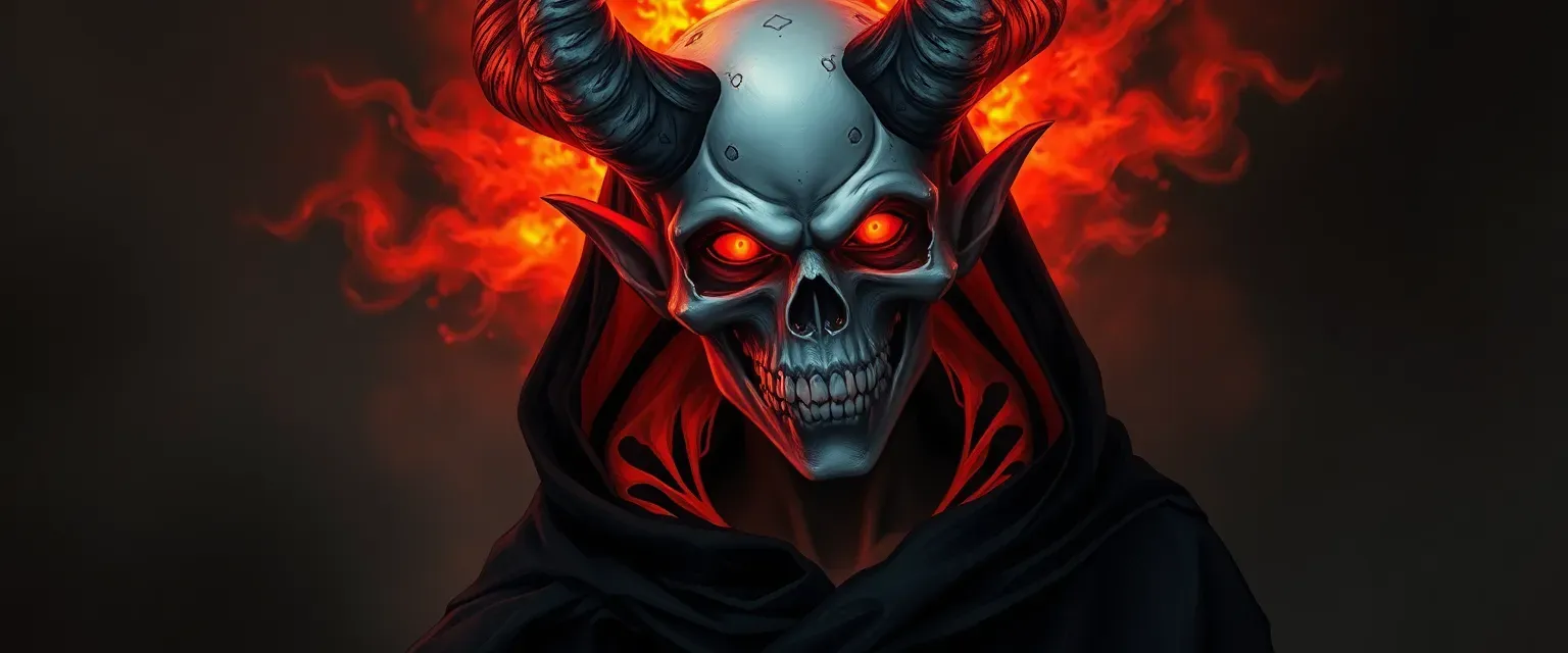 Teenage demon with a skull head, fiery aura, wearing a tattered black cloak.