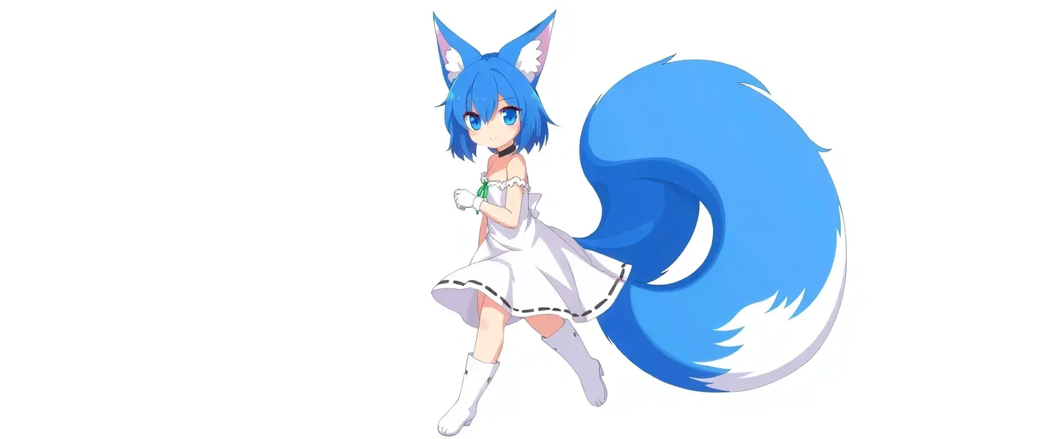 Female kitsune with blue hair and eyes, two tails, wearing a white dress, black shorts, and white boots.