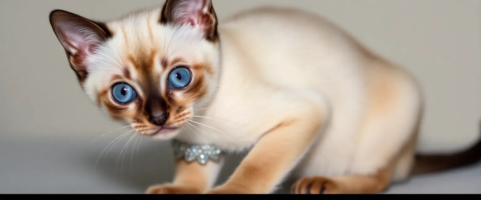 A sleek Siamese kitten with striking blue eyes, cream-colored fur with dark points, wearing a tiny crystal-studded collar. Appears innocent and playful, but has an observant, calculating gaze.