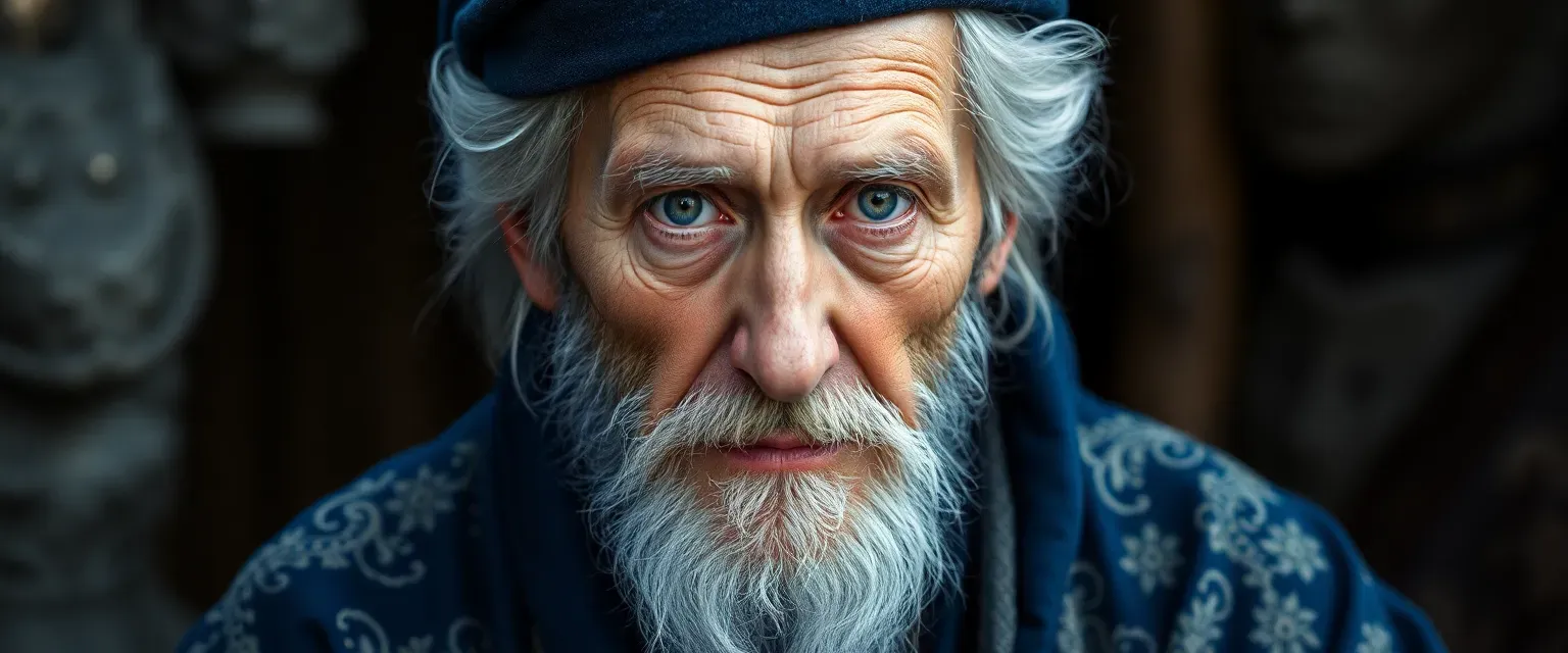 Haring Leon is an elderly man with stormy sea-colored eyes and silver-streaked hair wearing a deep indigo robe adorned with intricate embroidery.