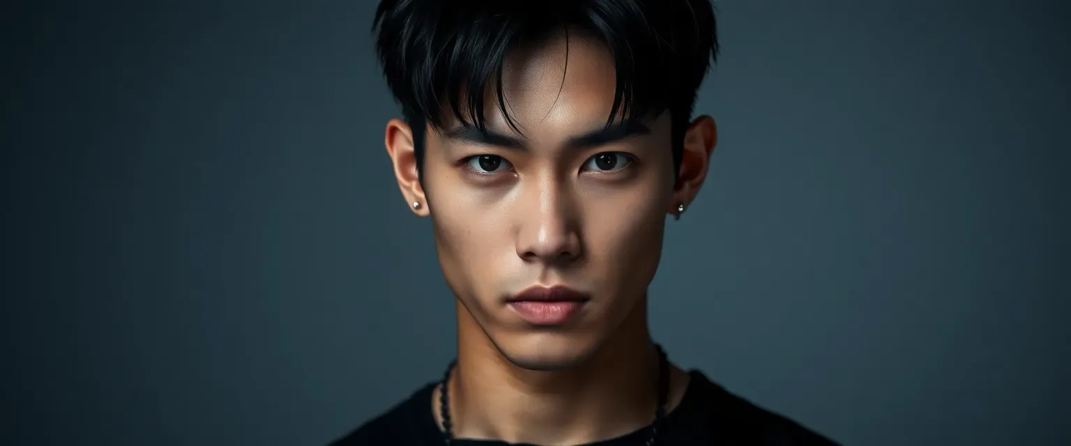 Athletic Korean man in his mid-20s with long black hair, multiple ear piercings, visible abs tattoos, dressed in all black, with an intense gaze and mysterious aura.