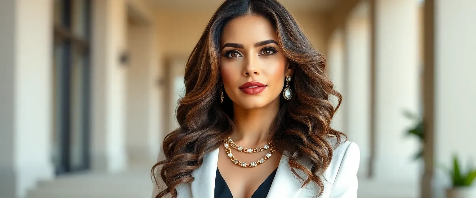 Elegant Latina woman, 40, with long brown curls, fair tan skin, brown eyes, full lips. Wearing designer clothing, expensive jewelry. Sophisticated and commanding presence. 38D figure, Colombian heritage.