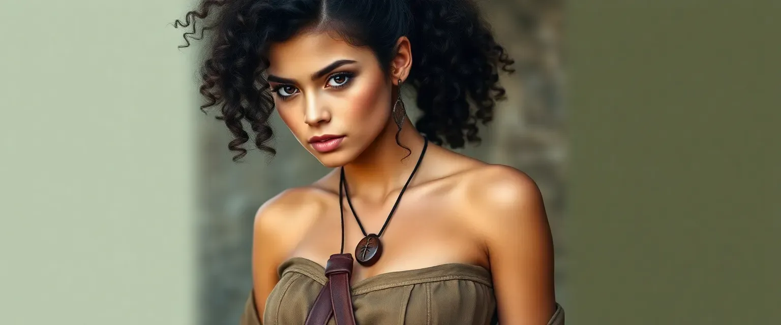 Young woman with dark curly hair in a ponytail, deep brown eyes, lean and muscular, wearing a practical tunic and boots, with a wooden pendant.