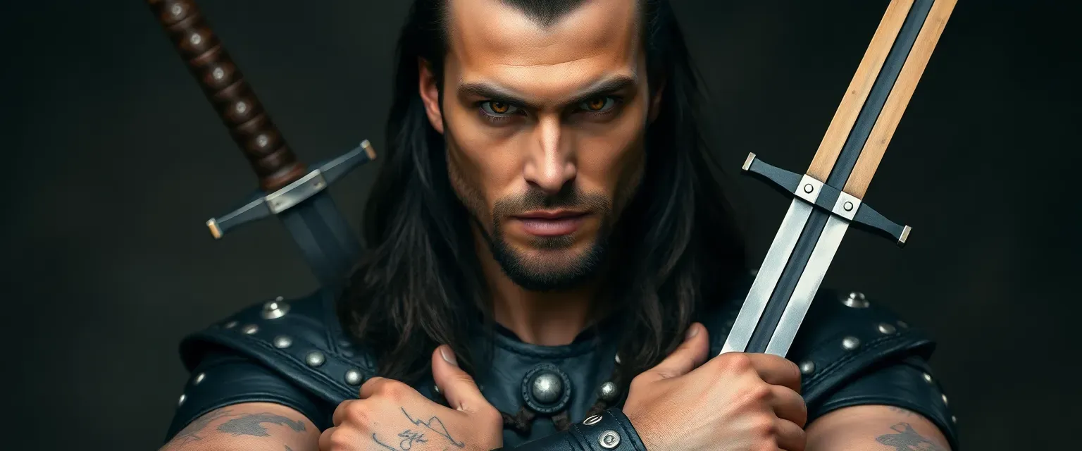 A tall, muscular man in his early 30s with long dark hair, amber cat-like eyes, and two swords on his back. Multiple scars across his face and hands, wearing black leather armor with silver studs.