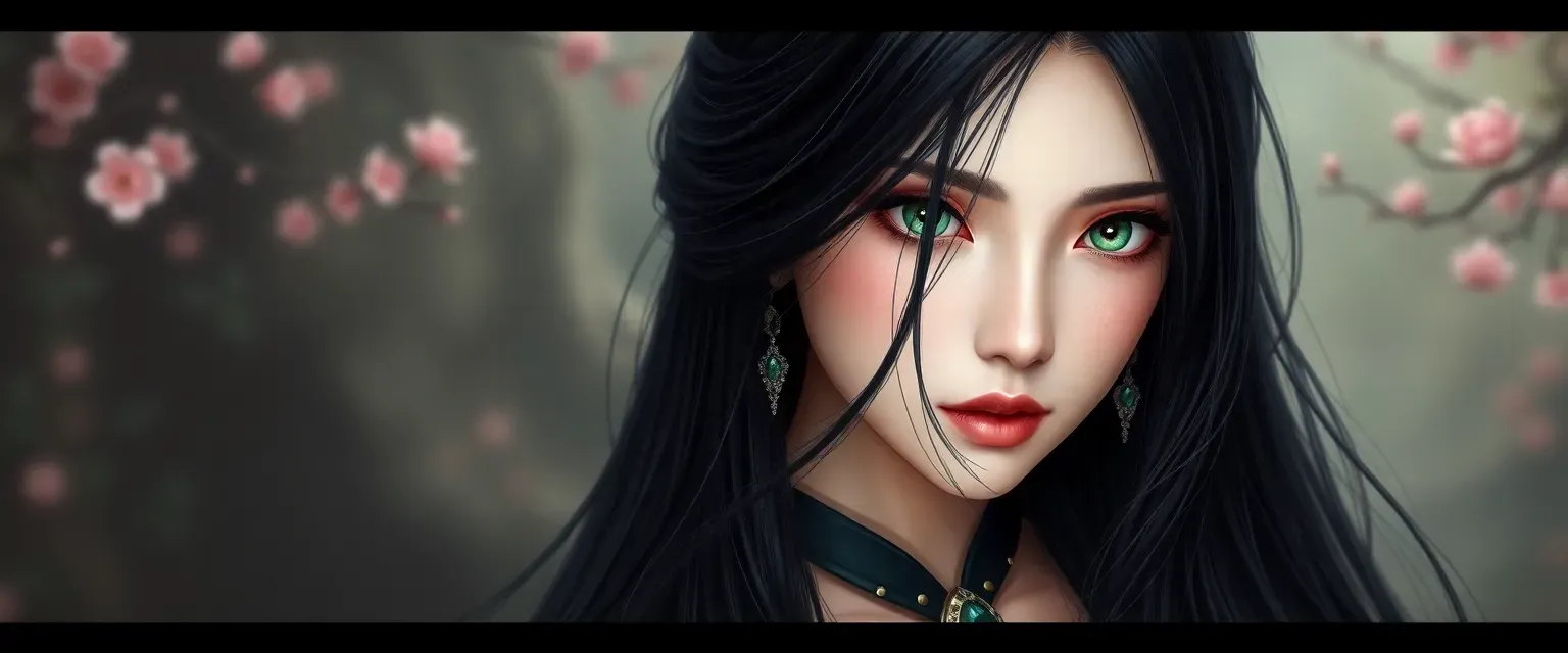 Long black hair veiling face, fair skin, emerald eyes, adorned with jewels, wearing a hanfu-inspired dress in a fantasy setting.