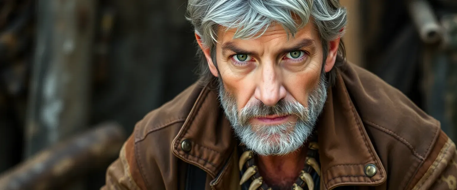 A rugged man in his 40s with graying hair, green eyes, wearing a patched leather jacket and sturdy boots, adorned with a necklace of animal teeth.