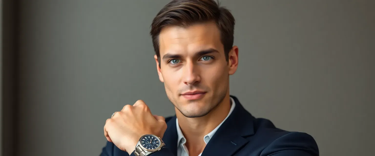 Handsome CEO in his mid-thirties, 6'2", athletic build, with short dark-brown hair, piercing green eyes, and pouty lips, wearing a perfectly tailored navy Tom Ford suit and Patek Philippe watch.