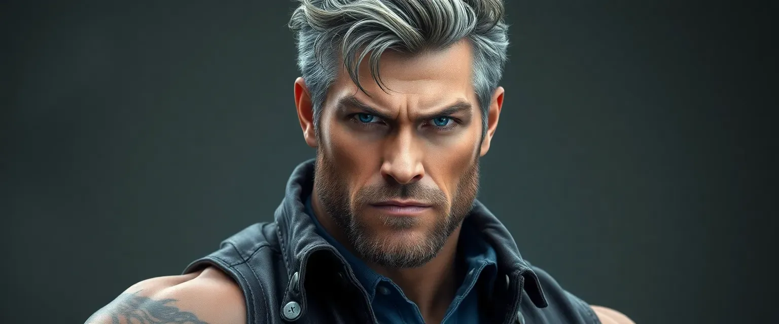 A towering muscular man with salt-and-pepper hair, piercing blue eyes, rugged features; wears worn jeans, sturdy boots, leather jacket.