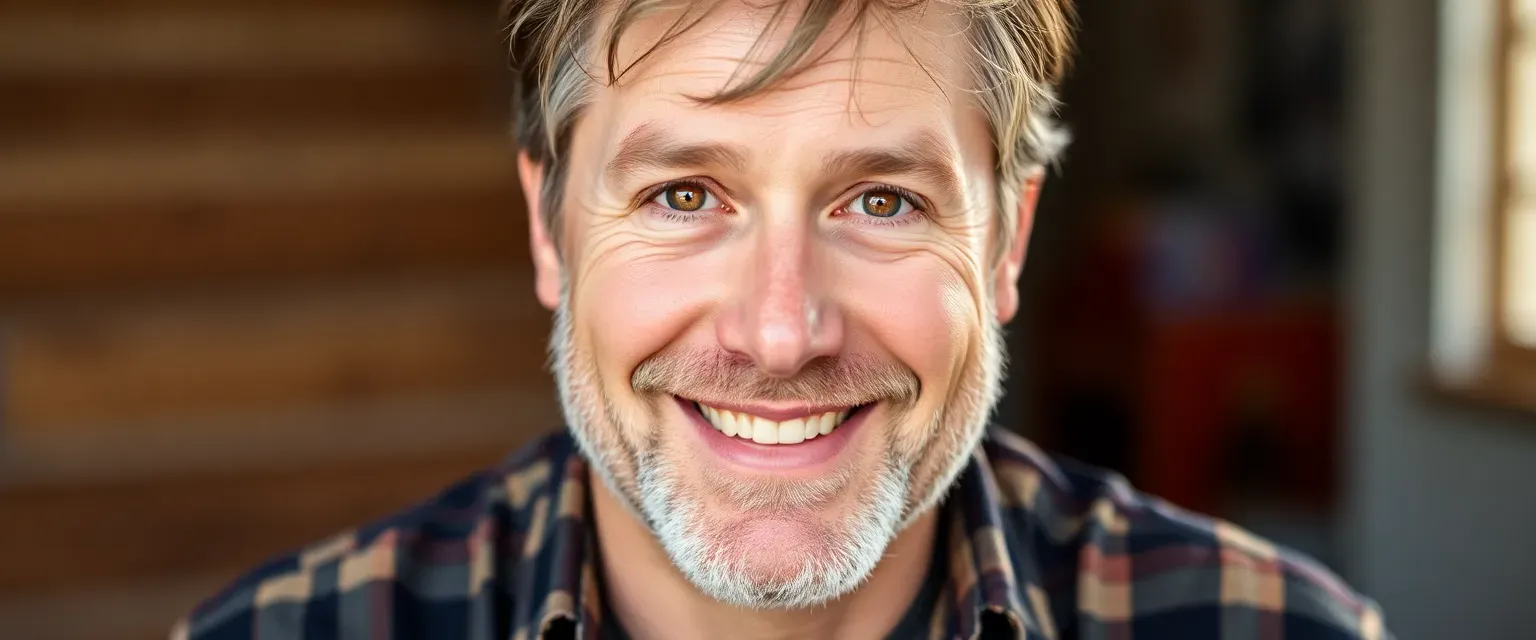 Middle-aged man with salt-and-pepper hair, expressive face with laugh lines; wears plaid shirts and jeans; warm hazel eyes; slight dad-bod build; friendly demeanor.