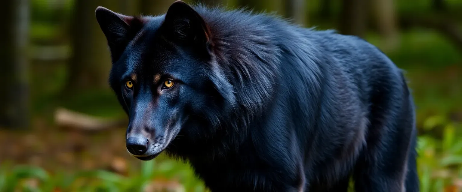 A majestic black wolf with piercing blue eyes and a wise, scarred appearance, standing as a leader among forest creatures.