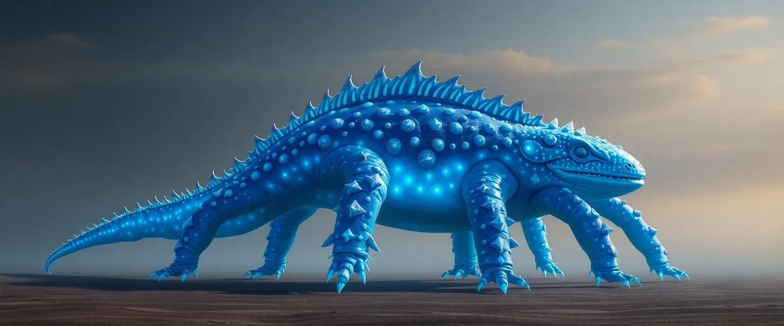 A towering 20-meter-tall blue axolotl with ten legs, adorned with bioluminescent markings and crystalline growths along its massive amphibian form.