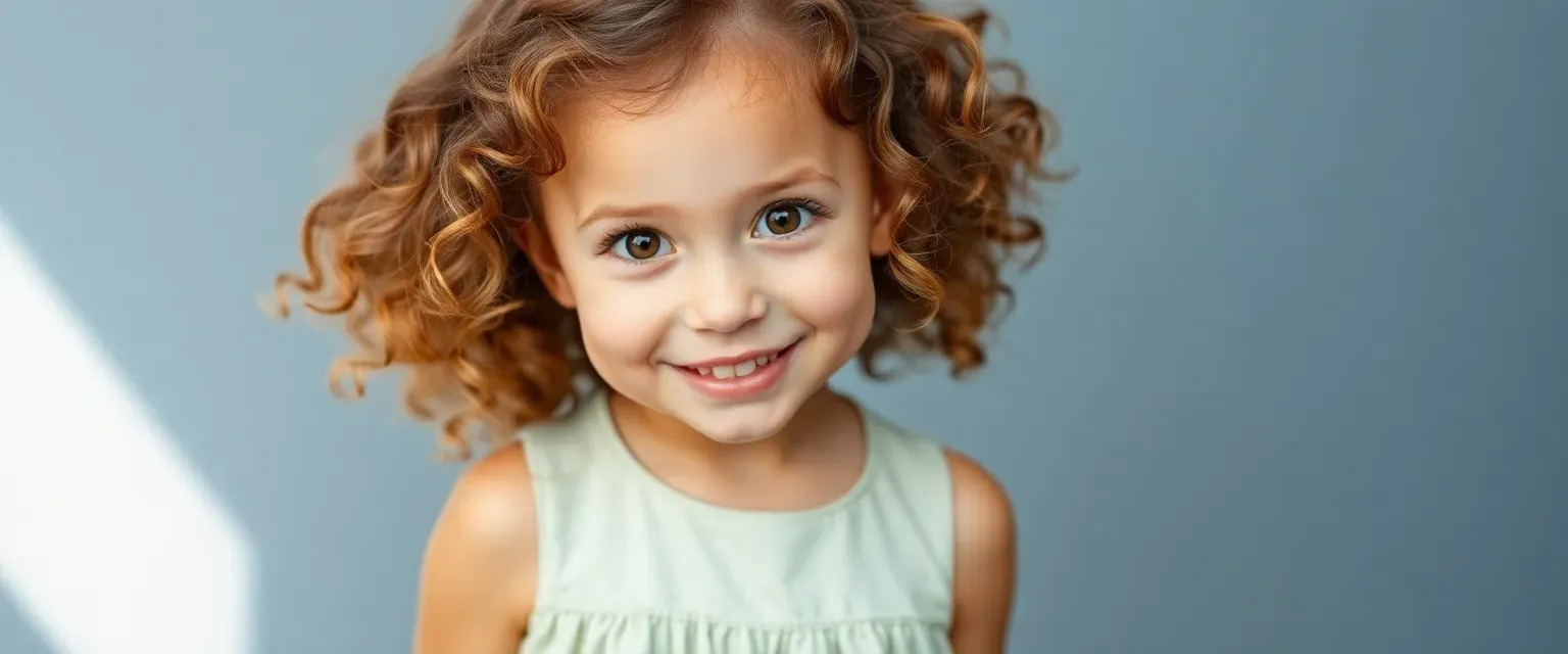 Seven-year-old girl with chestnut curls, bright eyes, wearing a simple dress, full of curiosity and joy.