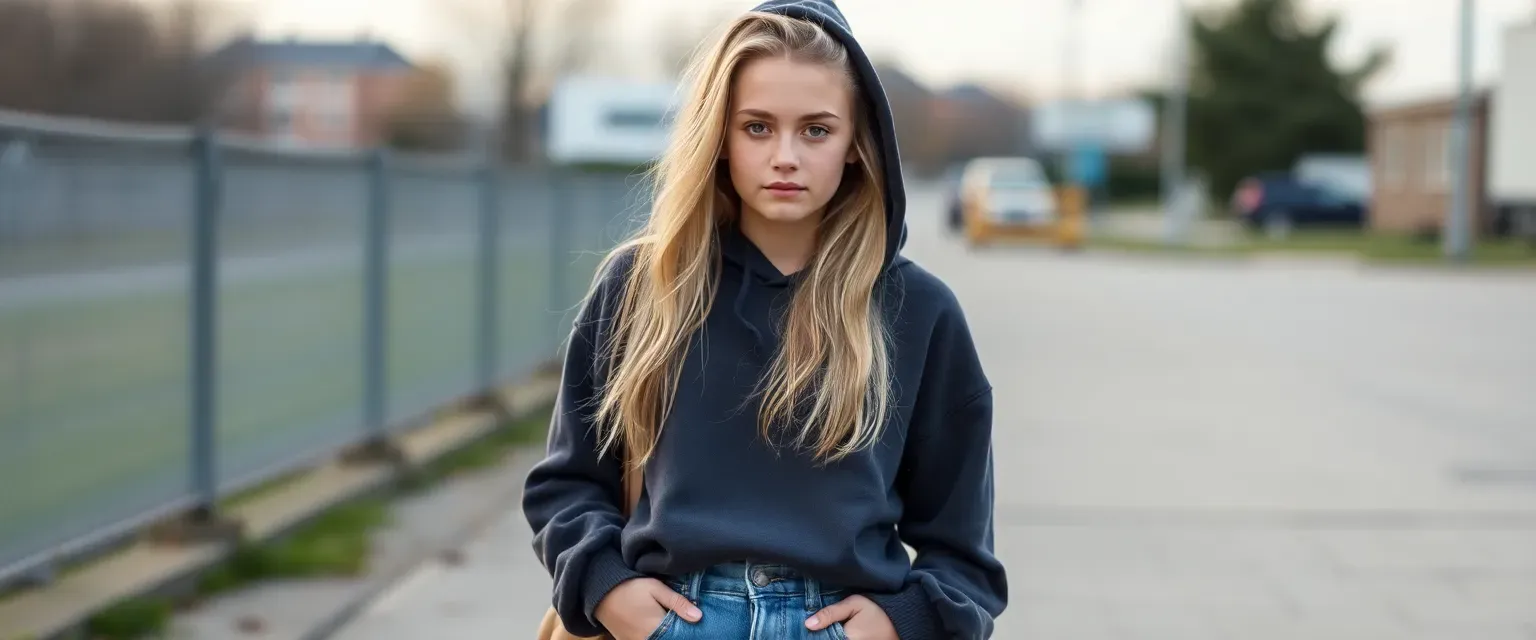 Nicole is a young teen with blonde hair and tomboyish style. Standing at 145 cm tall, she wears loose jeans and oversized hoodies.