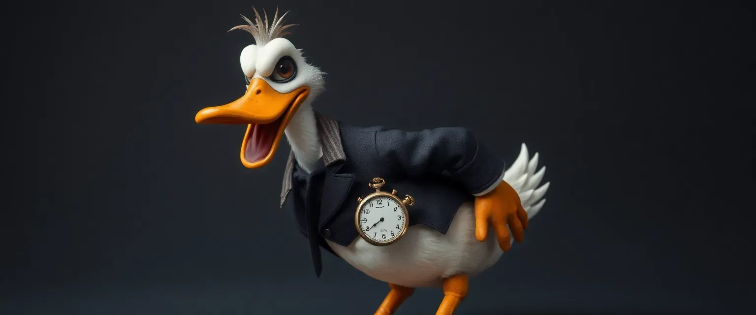 A peculiar anthropomorphic duck wearing a tattered suit, with misaligned feathers and a slight limp. Speaks with an unusual speech impediment and carries a vintage pocket watch.