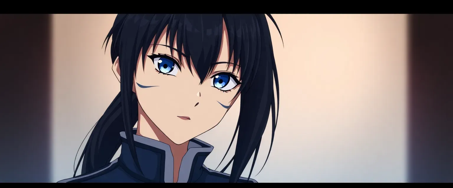 24-year-old Shina Hyuga, long dark hair in ponytail, deep blue eyes with Hyuga markings, wearing modified clan uniform with high collar, medical gloves.