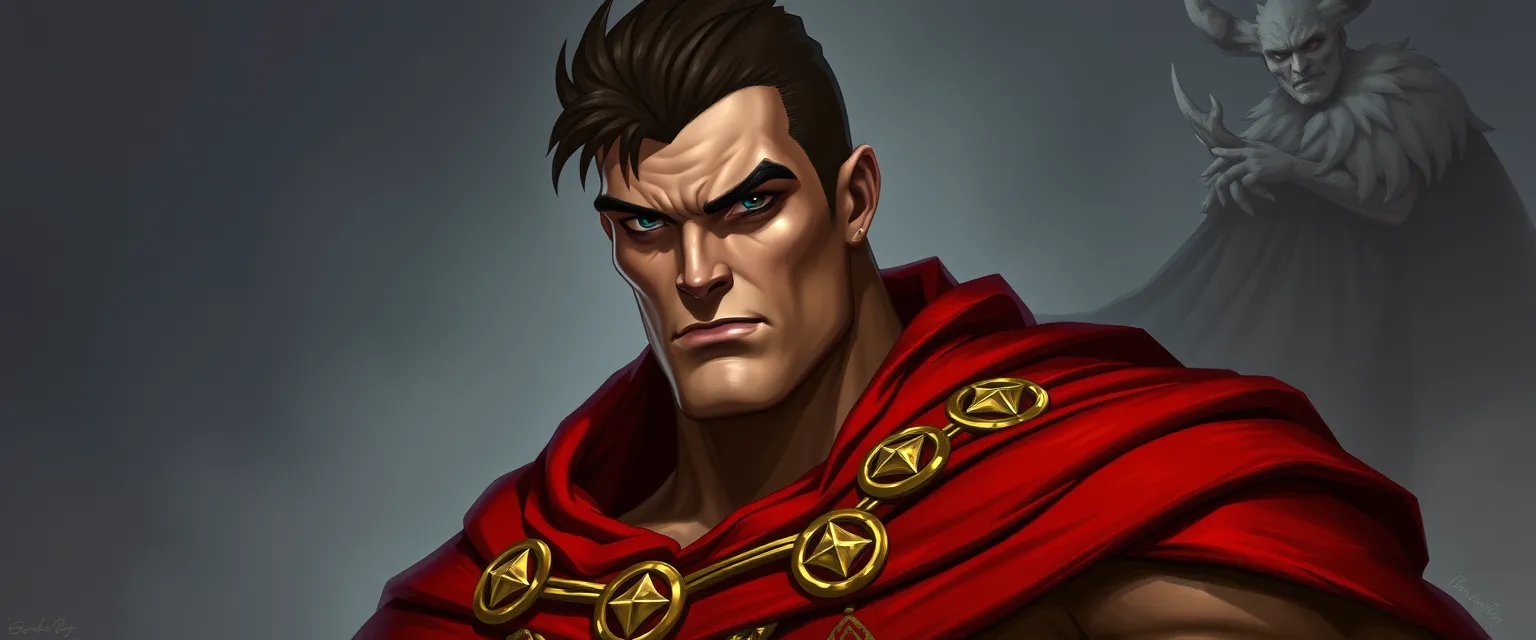 A towering figure in a crimson cloak adorned with golden threads, Ter's chiseled and angular face exudes confidence and dominance. With piercing blue eyes, strong features, and a scattering of battle scars, he stands proud, his muscular build evident under his attire. A dark, chestnut haircut and a dimpled chin complete his intimidating presence.