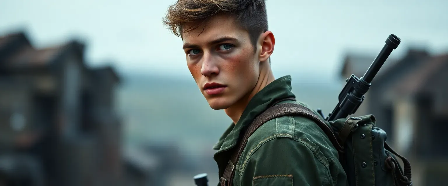 A lean, battle-hardened 19-year-old with haunted green eyes and burn scars across his left cheek. Wears tattered military fatigues and carries a well-worn rifle slung across his back.