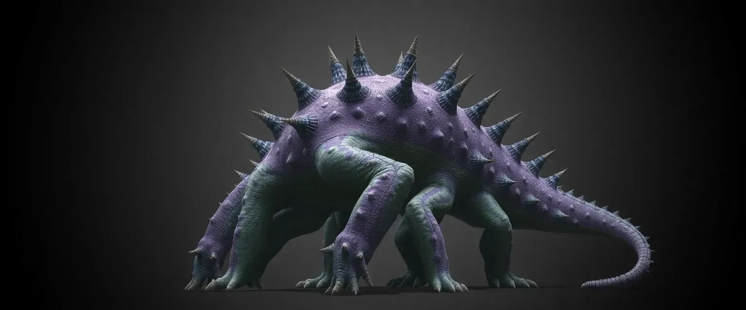 A towering 9.5-meter tall gecko-like creature with purple and green mottled skin, ten prominent spikes along its back, communicating through morse code clicks and chirps.