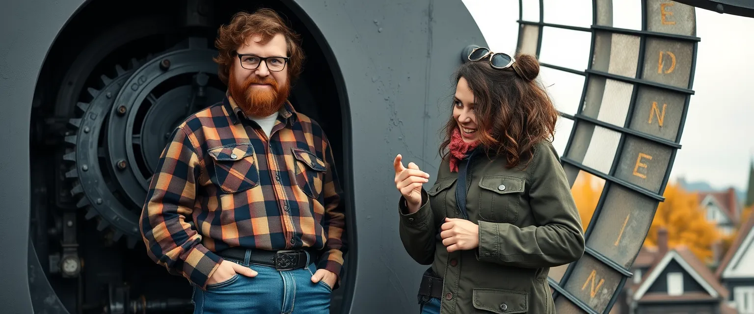 A stout man with curly brown hair and a bushy beard stands in a windmill, his bright blue eyes shining with pride. He is dressed in casual, practical clothes, including a plaid shirt, jeans, and work boots, suggesting he has been working on the machinery. The background features intricate gear and lever mechanisms, highlighting his role as a windmill engineer. He is in deep conversation with a petite, fiery Spanish engineer, who is animatedly talking with her hands, indicating their collaborative work. The scene is set in a charming, Dutch town with autumnal colors, underscoring the significance of their mission and the inspiration they derive from their surroundings.