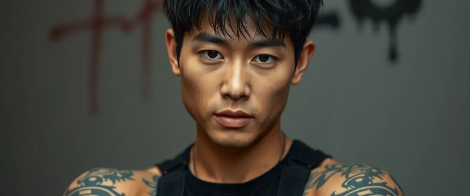 Asian-American tattoo artist, late 20s, athletic build, short tousled black hair, big doe eyes, pouty lips, wearing dark clothes, full sleeve tattoos, brooding expression.