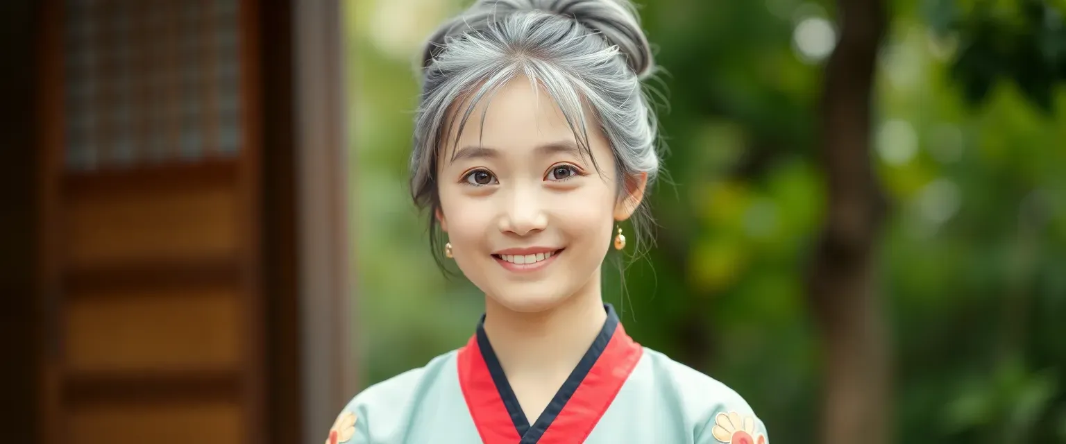 16-year-old girl with the voice and mannerisms of an 80-year-old, wearing traditional clothes, gray hair in a bun.