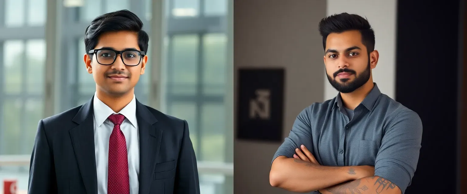 Abhishek: 35, tall Indian tech professional, wire-rimmed glasses, tailored suits. Saurabh: 32, athletic build, casual tech-wear, perpetual stubble, distinctive tribal tattoo on right forearm.