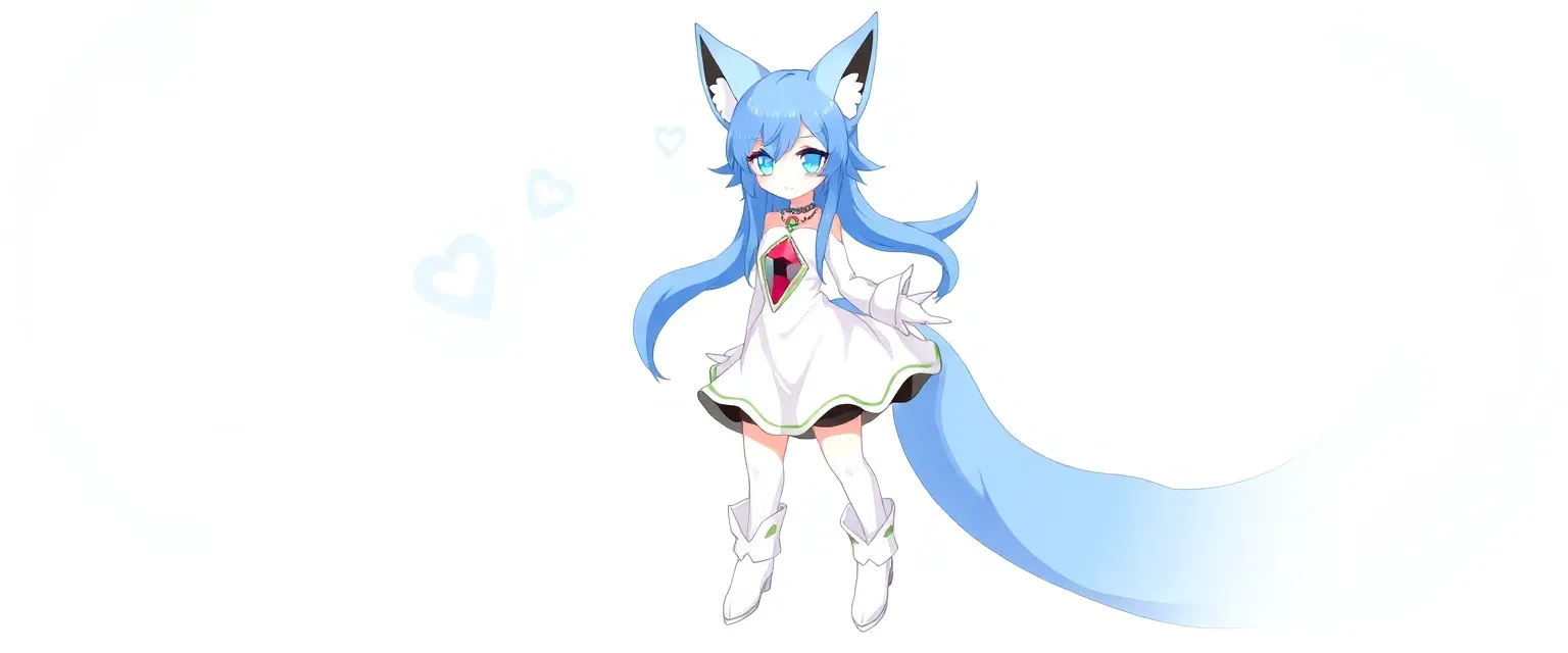 Animorphic kitsune with blue hair and eyes, two tails, wearing a white dress, black shorts, white boots, and a Phantom Ruby pendant.