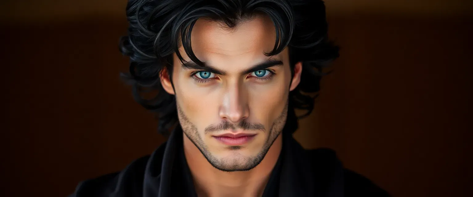 Late 20s man with voluminous black hair, cerulean blue eyes, copper skin, strong jawline, in a dark flowing robe.