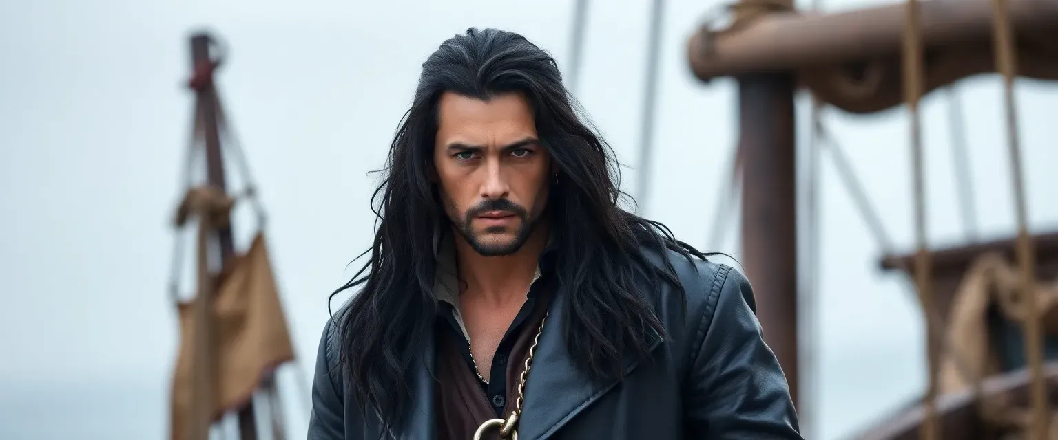 A 35-year-old pirate with long black hair, wearing a black leather coat, athletic build.