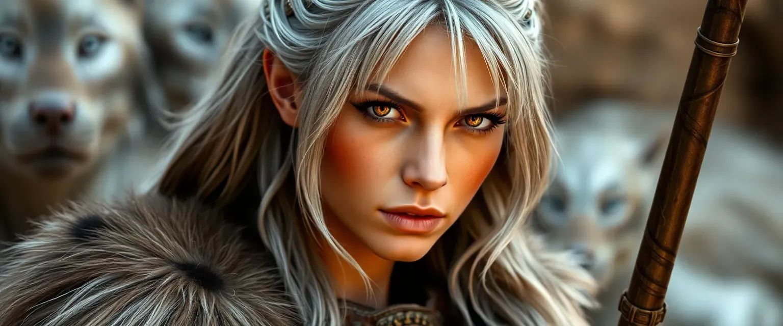 A weathered Xaela with tanned skin, silvering hair, and amber eyes, dressed in a leather tunic and dire wolf cloak.