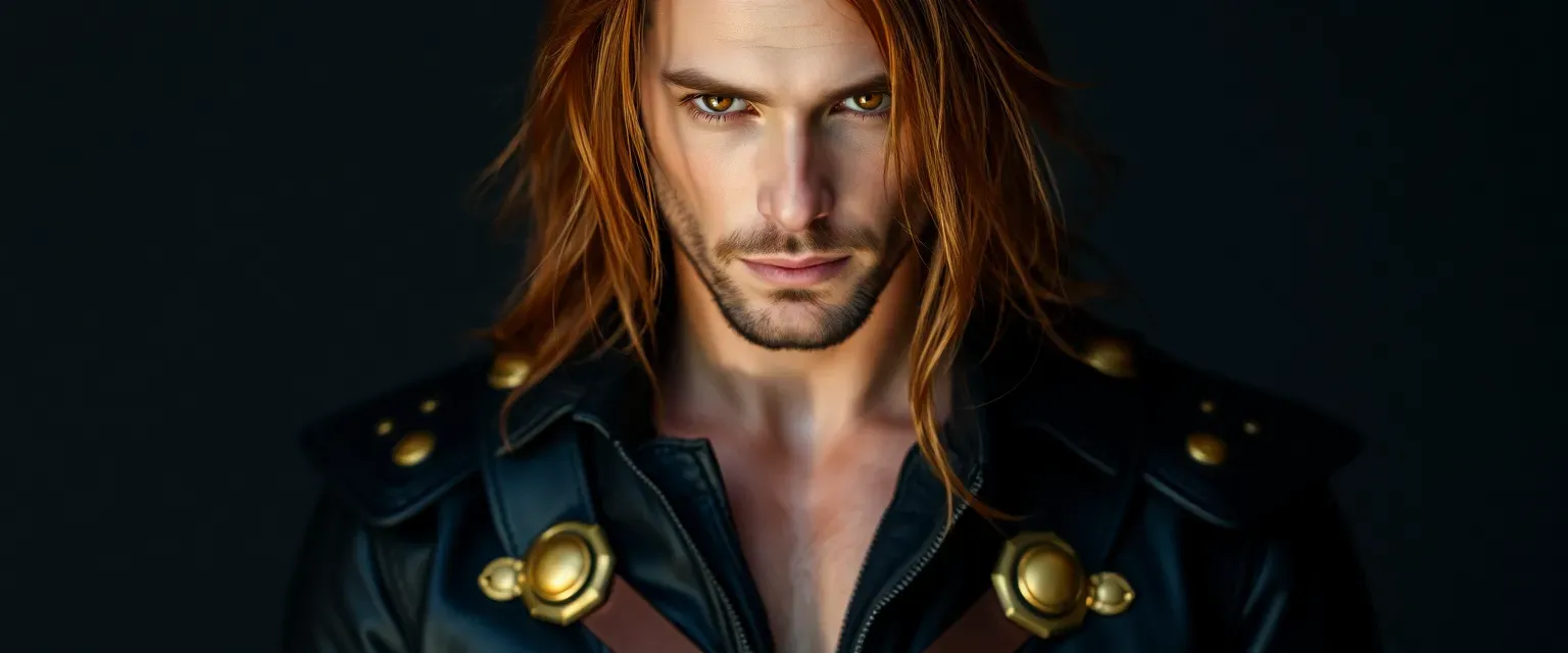 Tall, lean man with long auburn hair and amber eyes, wearing dark leathers with bronze and gold accents.