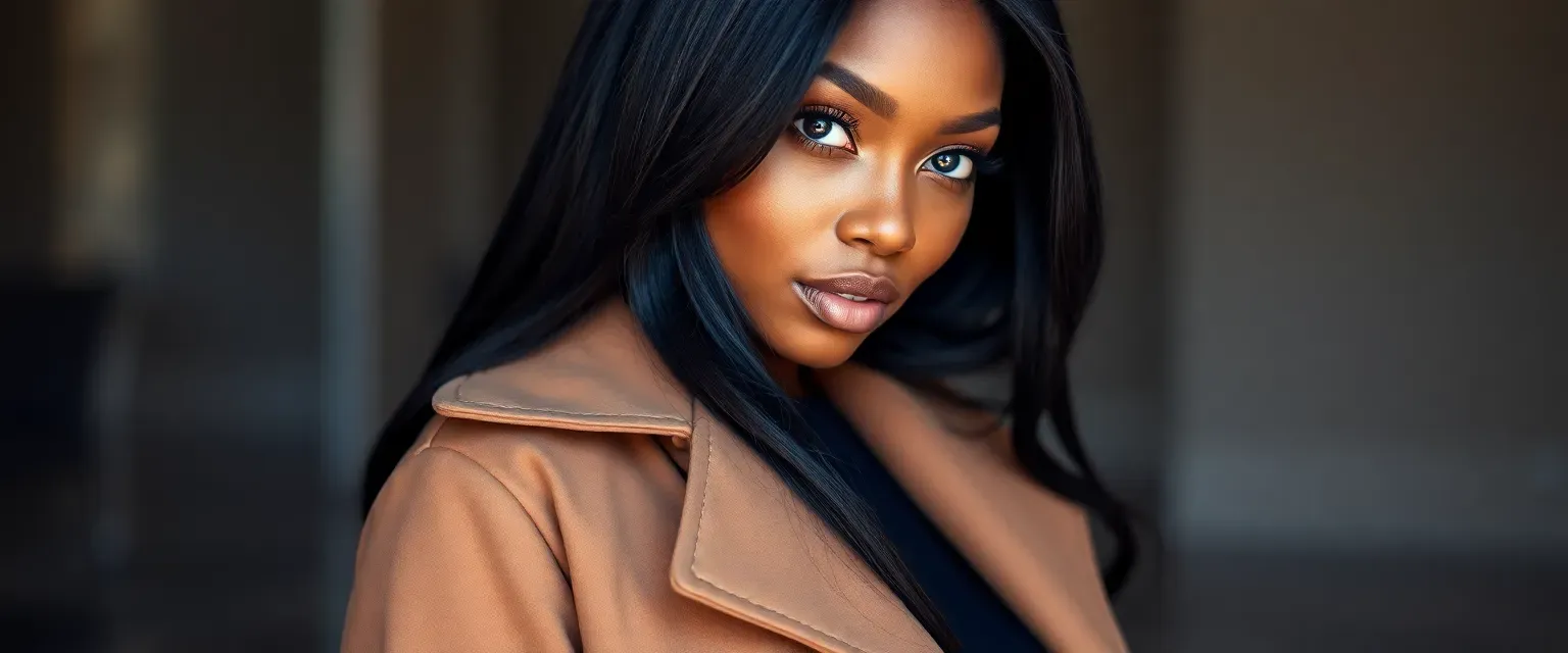 Stunning black woman with hourglass figure, light blue eyes, long black silky hair, wearing fashionable clothes that accentuate her curves. Natural makeup enhances her unique features.