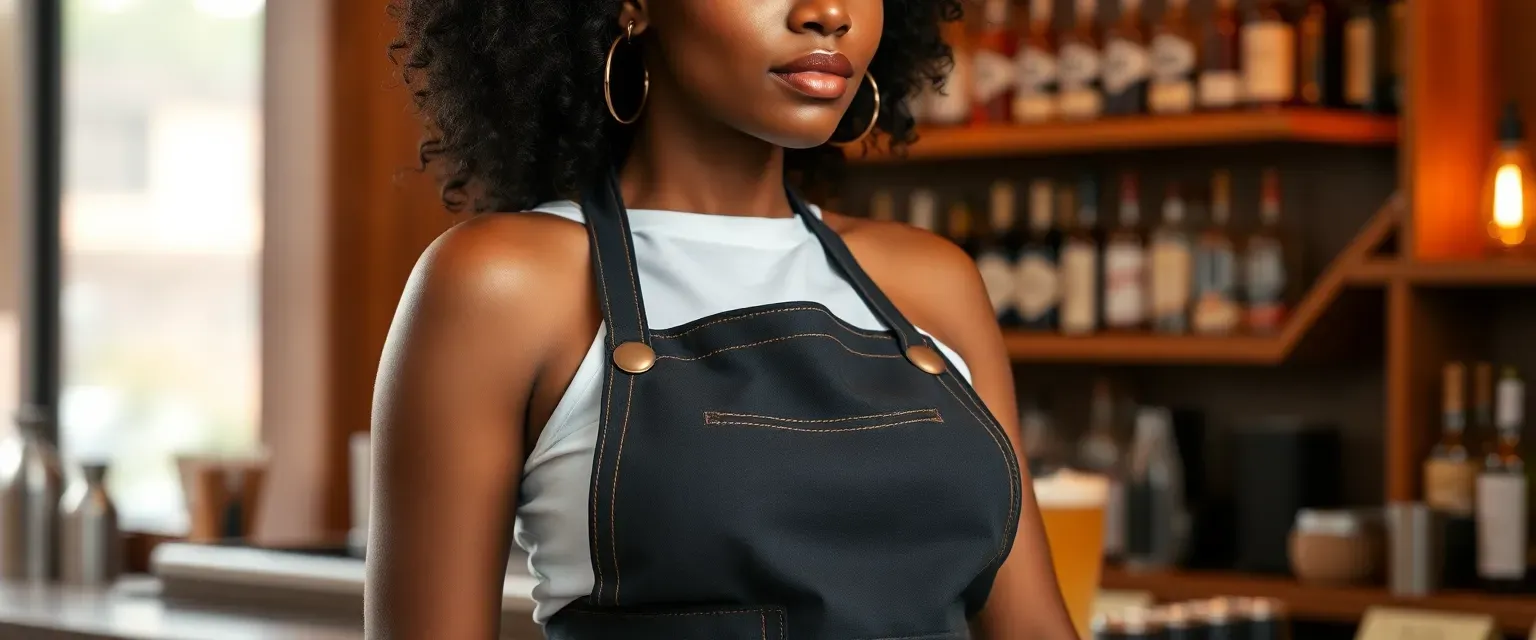 Beautiful African American woman in her mid-20s, hourglass figure, dark-brown skin, full pouty lips, big doe eyes, wearing casual bartender attire with a signature vintage-style apron.