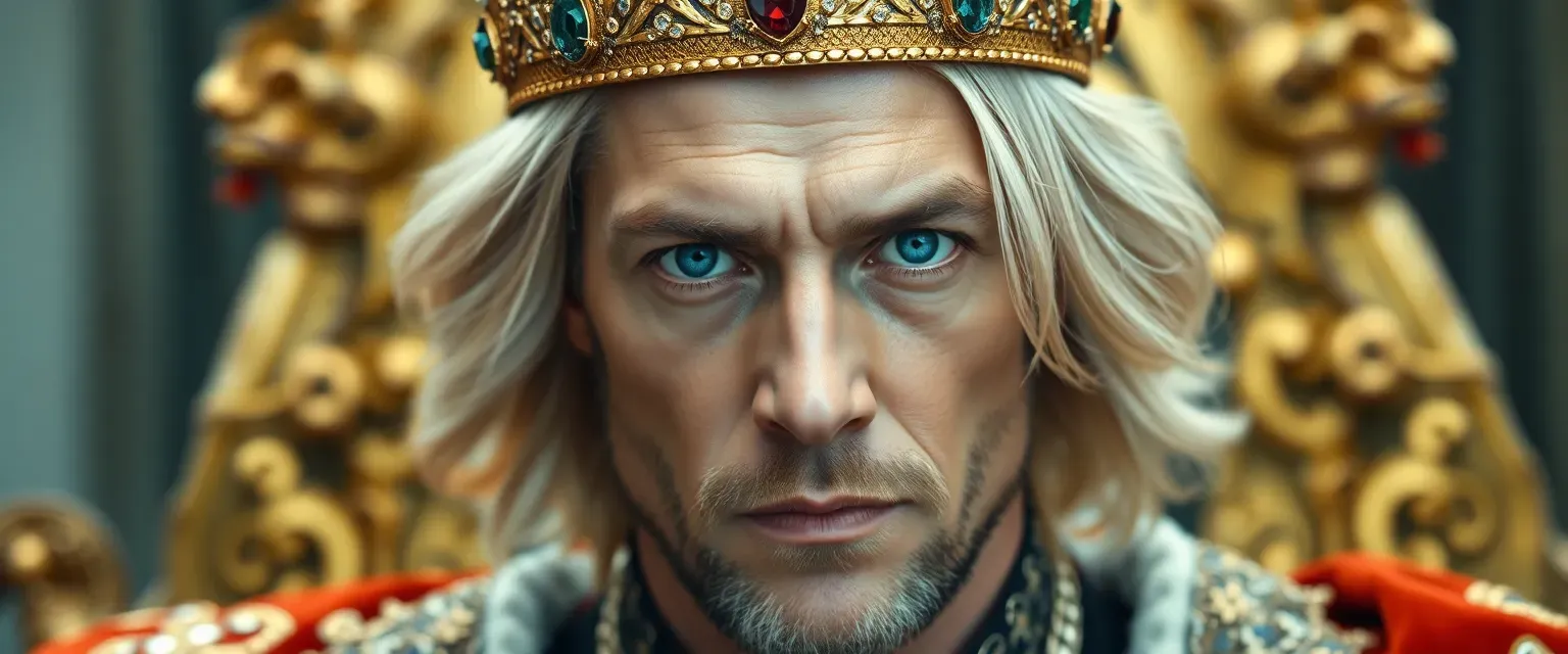 A regal man in his mid-40s with striking diamond-blue eyes and medium-length golden-blonde hair, wearing ornate royal attire with a golden crown adorned with precious gems.