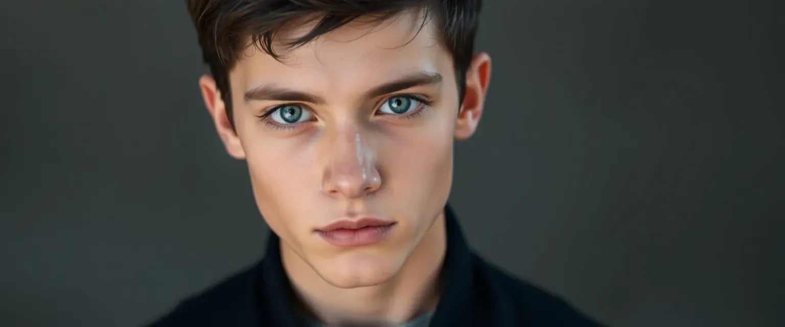 15-year-old boy with dark hair and blue eyes, wearing dark, fitted clothing, serious expression.