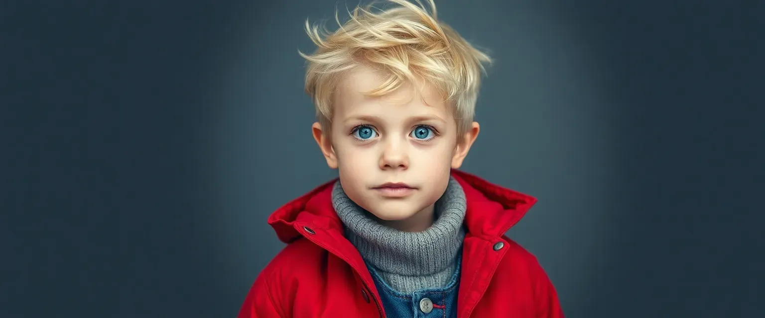 Eight-year-old boy with unruly blond hair, blue eyes, wearing a red winter coat, casual jeans, and a soft sweater.