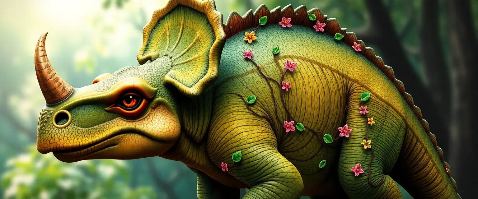 A majestic triceratops with green and brown skin, adorned with vines and flowers, her eyes wise and vibrant.