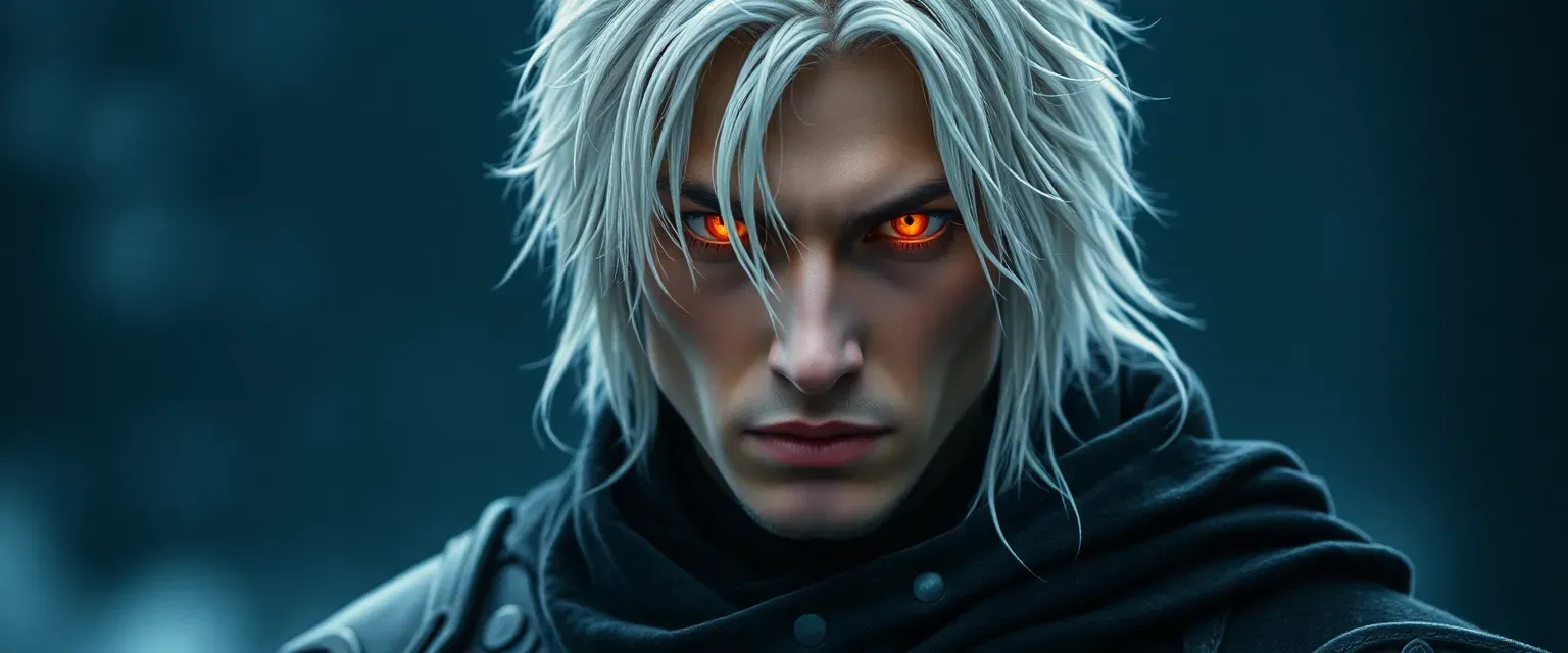 Young man with white hair, dark armor, eyes burning with cold fire, cloaked in shadow.