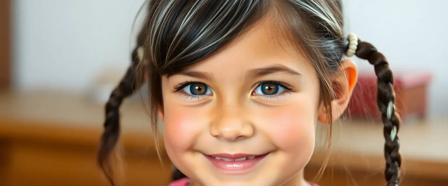 A petite 12-year-old girl with tan skin, freckles, and dark hair with distinctive silver streaks worn in two long braids. Mischievous blue eyes and an impish smile.