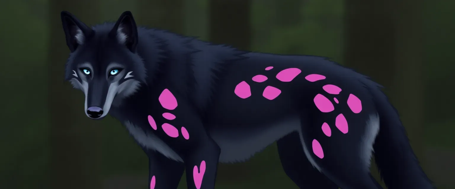 6ft tall wolf/jackal hybrid with black fur, ice blue eyes, and pinkish runes on body.