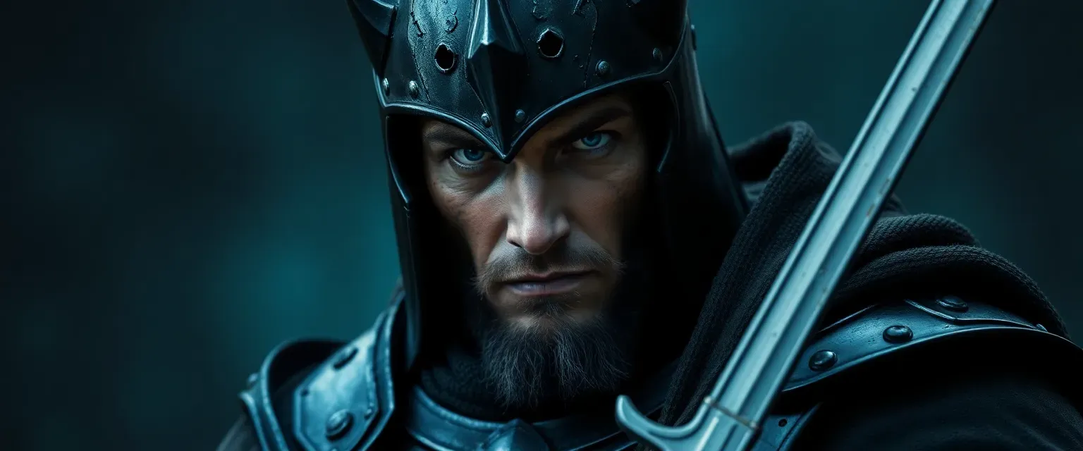 Tall, muscular dark knight in black armor with bear helmet, scarred face, piercing blue eyes.